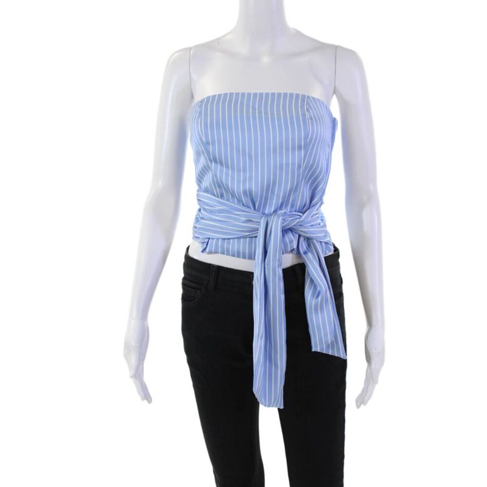 Drew Womens Back Zip Strapless Tie Front Striped Crop Top Blue White Size XS